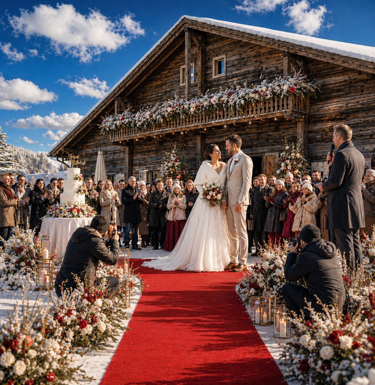 Winterhochzeit am Almstadl mit Brautpaar, Gästen und verschneitem Bergpanorama