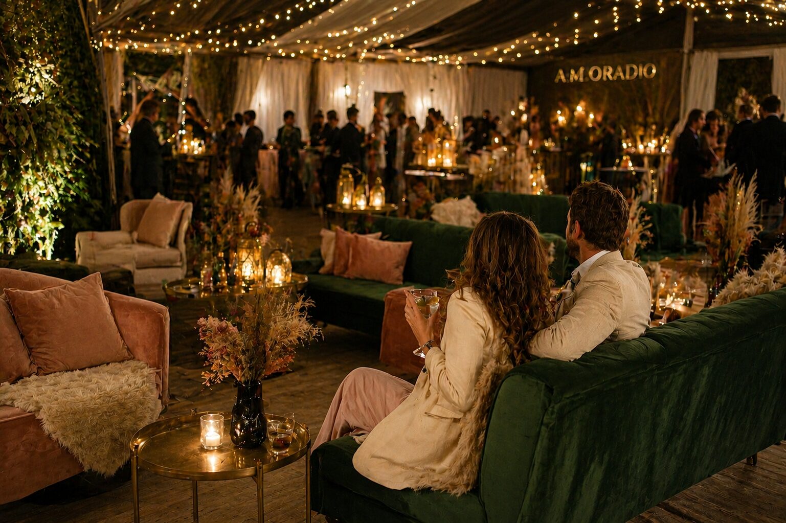Late-Night-Lounge mit Velvet-Sofas, Brass-Tischen und Fairy Lights