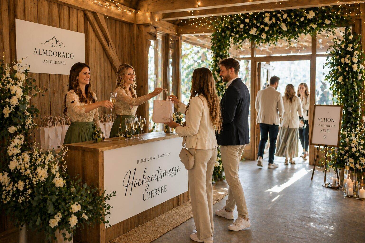 Sektempfang am Eingang mit Hostessen, Goodie-Bags und Blumenbogen
