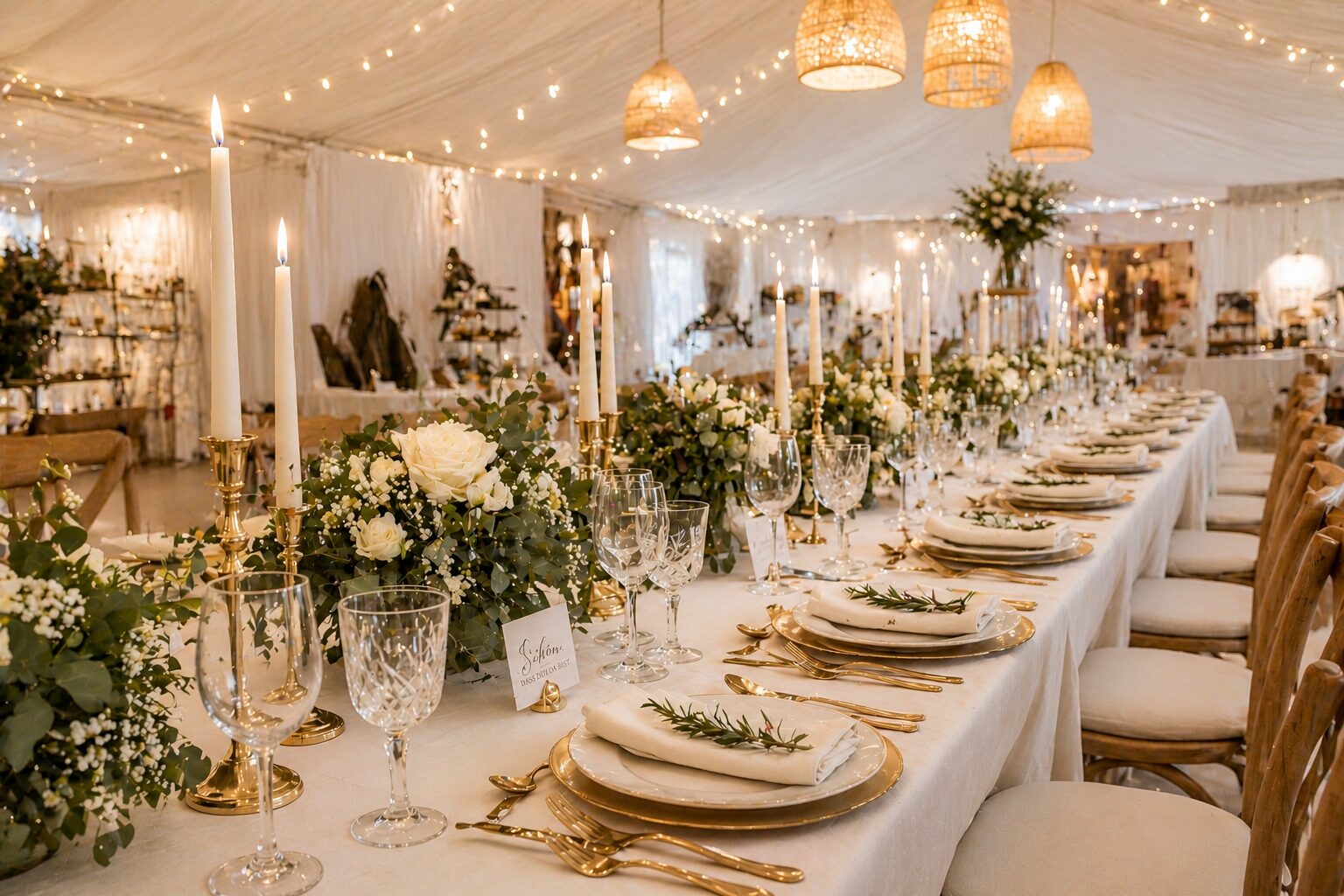 Gedeckte Hochzeitstafel mit Geschirr, Gläsern und Floristik