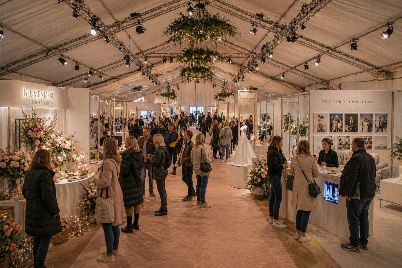 Messezelt mit Floristik-Stand, Brautmoden-Podest und Besuchern